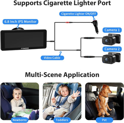 Baby Car Camera Dual-Channel 6.8 inch HD 1080P Display with 2 IR Night Vision, Baby Car Mirror Easily Install Car Camera for Baby with Crystal Clear Wide View for Rear Facing Seat