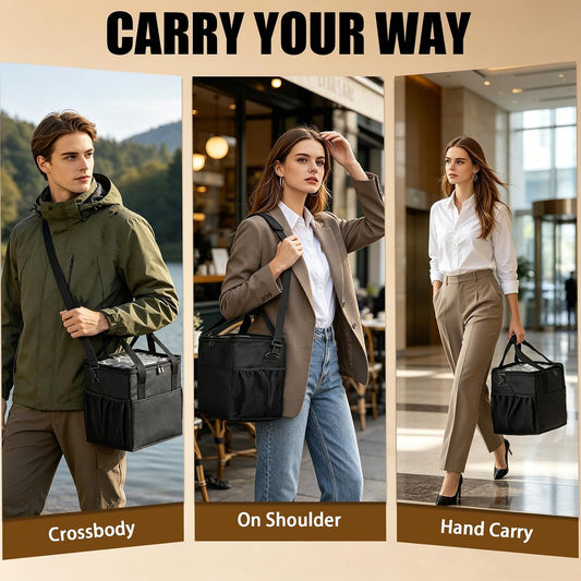 Reusable 4 Cup Insulated Drink Carrier Bag, Portable Coffee Cup Holder with Adjustable Shoulder Strap & Foldable Design, Water Bottle Caddy with Adjustable Dividers for Beverage, Travel & Delivery