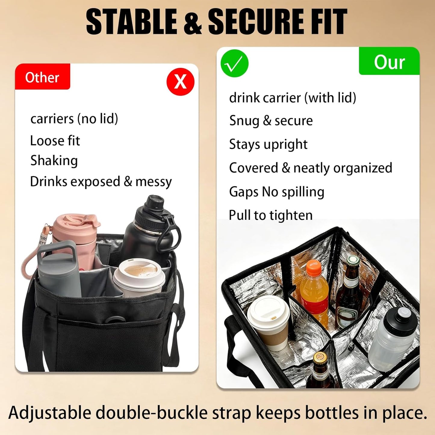 Reusable 4 Cup Insulated Drink Carrier Bag, Portable Coffee Cup Holder with Adjustable Shoulder Strap & Foldable Design, Water Bottle Caddy with Adjustable Dividers for Beverage, Travel & Delivery