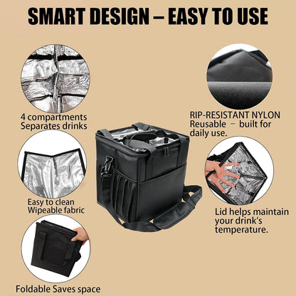 Reusable 4 Cup Insulated Drink Carrier Bag, Portable Coffee Cup Holder with Adjustable Shoulder Strap & Foldable Design, Water Bottle Caddy with Adjustable Dividers for Beverage, Travel & Delivery
