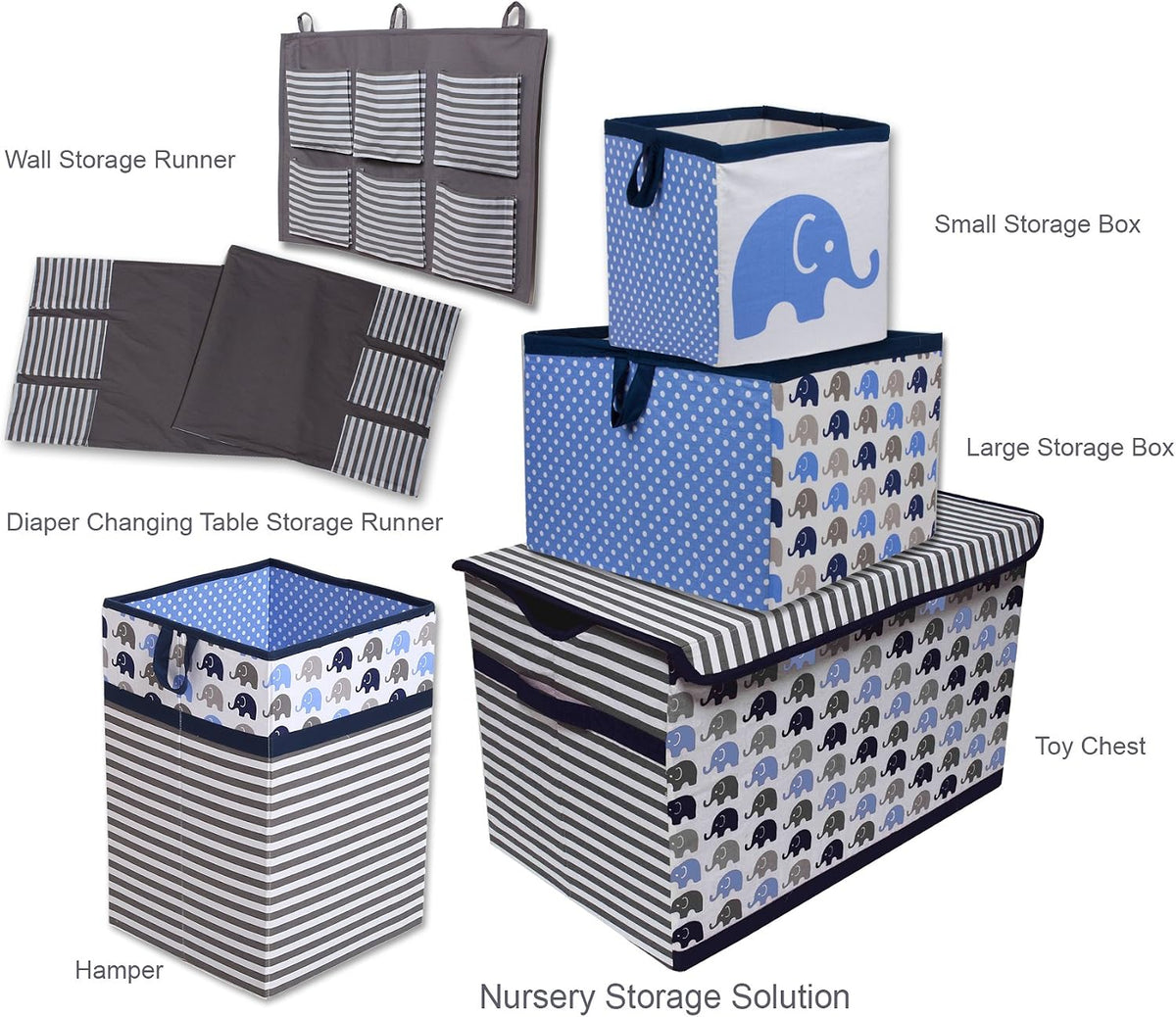 Collapsible Storage Hamper, Elephants, One Size 18 x 13 x 13 inches (Blue Navy Gray)