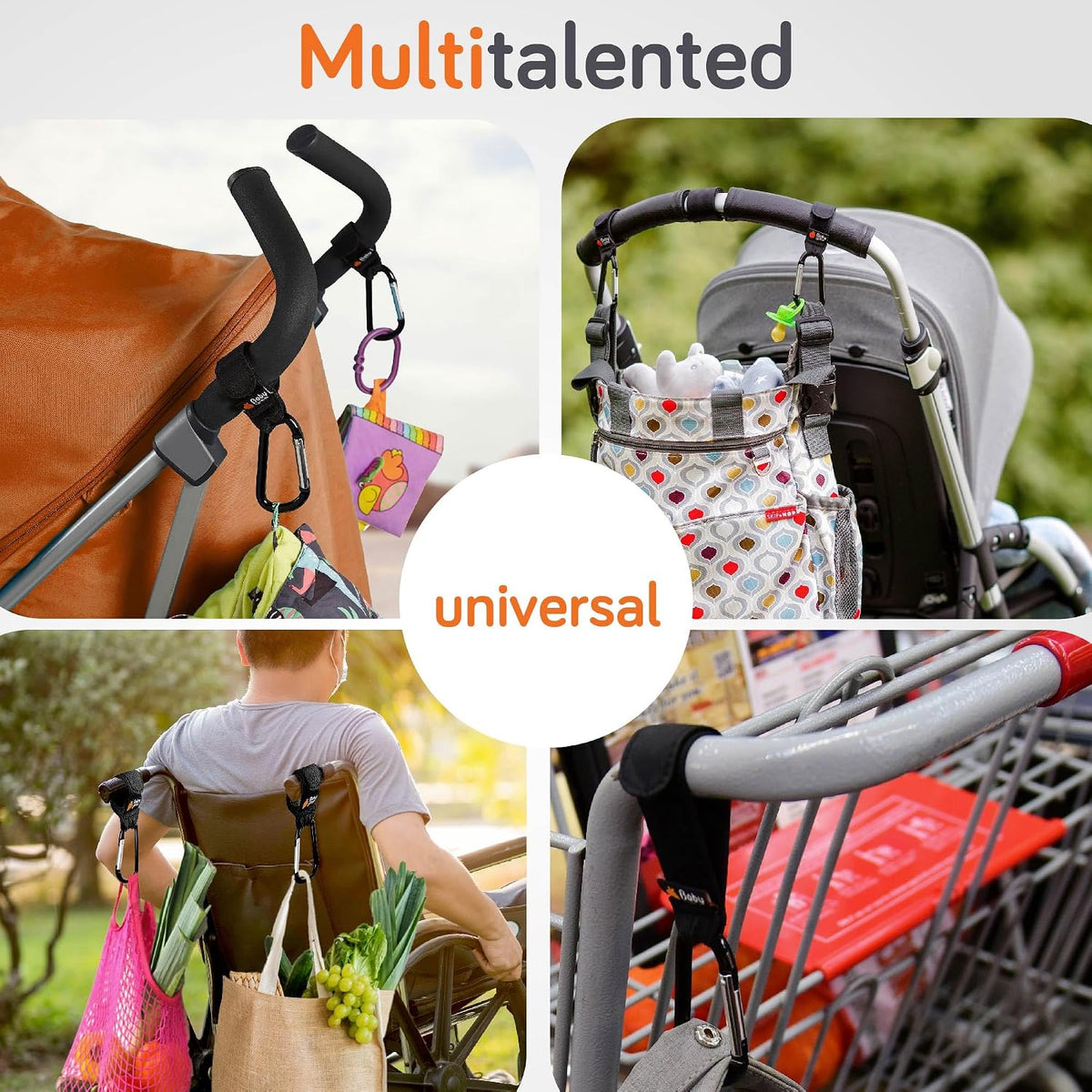 Stroller Caddy & Stroller Hooks - Universal Organizer Bag with XL Insulated Cup Holder, Phone Pocket, Wipes Dispenser, Wrist Bag & Mesh Pocket + 2 Carabiner Clips, Baby Travel Essential Kit