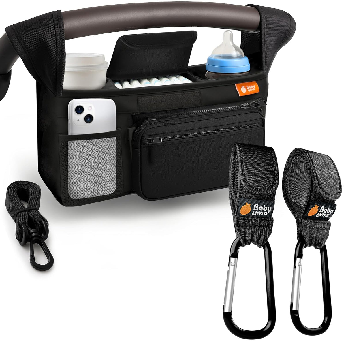 Stroller Caddy & Stroller Hooks - Universal Organizer Bag with XL Insulated Cup Holder, Phone Pocket, Wipes Dispenser, Wrist Bag & Mesh Pocket + 2 Carabiner Clips, Baby Travel Essential Kit