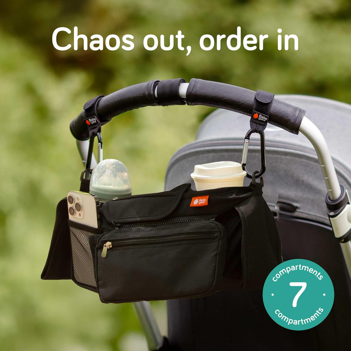 Stroller Caddy & Stroller Hooks - Universal Organizer Bag with XL Insulated Cup Holder, Phone Pocket, Wipes Dispenser, Wrist Bag & Mesh Pocket + 2 Carabiner Clips, Baby Travel Essential Kit