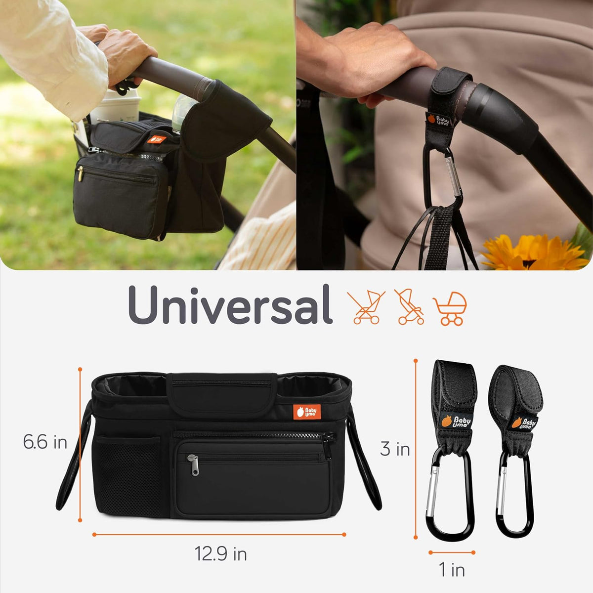 Stroller Caddy & Stroller Hooks - Universal Organizer Bag with XL Insulated Cup Holder, Phone Pocket, Wipes Dispenser, Wrist Bag & Mesh Pocket + 2 Carabiner Clips, Baby Travel Essential Kit