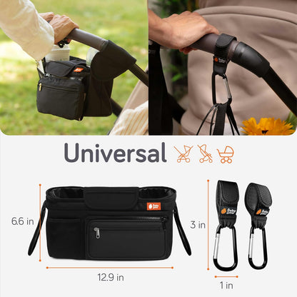 Stroller Caddy & Stroller Hooks - Universal Organizer Bag with XL Insulated Cup Holder, Phone Pocket, Wipes Dispenser, Wrist Bag & Mesh Pocket + 2 Carabiner Clips, Baby Travel Essential Kit
