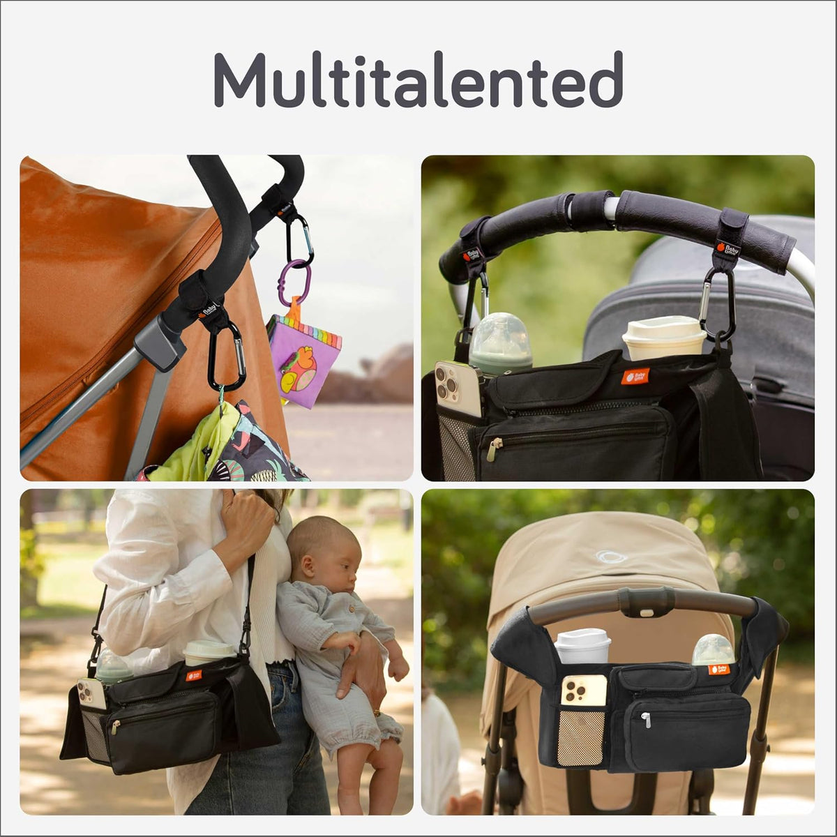 Stroller Caddy & Stroller Hooks - Universal Organizer Bag with XL Insulated Cup Holder, Phone Pocket, Wipes Dispenser, Wrist Bag & Mesh Pocket + 2 Carabiner Clips, Baby Travel Essential Kit