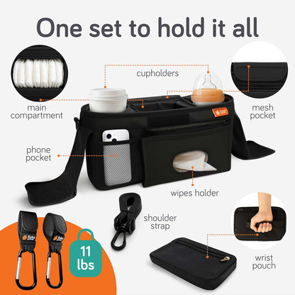 Stroller Caddy & Stroller Hooks - Universal Organizer Bag with XL Insulated Cup Holder, Phone Pocket, Wipes Dispenser, Wrist Bag & Mesh Pocket + 2 Carabiner Clips, Baby Travel Essential Kit