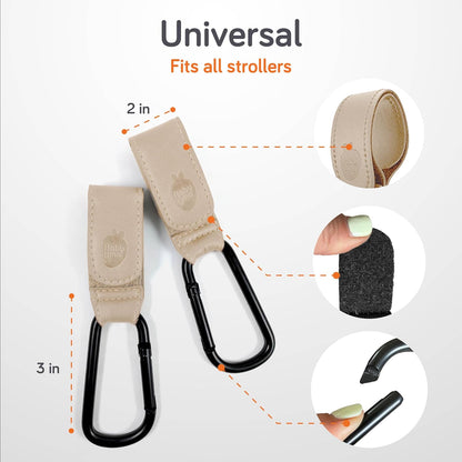 Stroller Caddy & Stroller Hooks - Universal Organizer Bag with XL Insulated Cup Holder, Phone Pocket, Wipes Dispenser, Wrist Bag & Mesh Pocket + 2 Carabiner Clips, Baby Travel Essential Kit