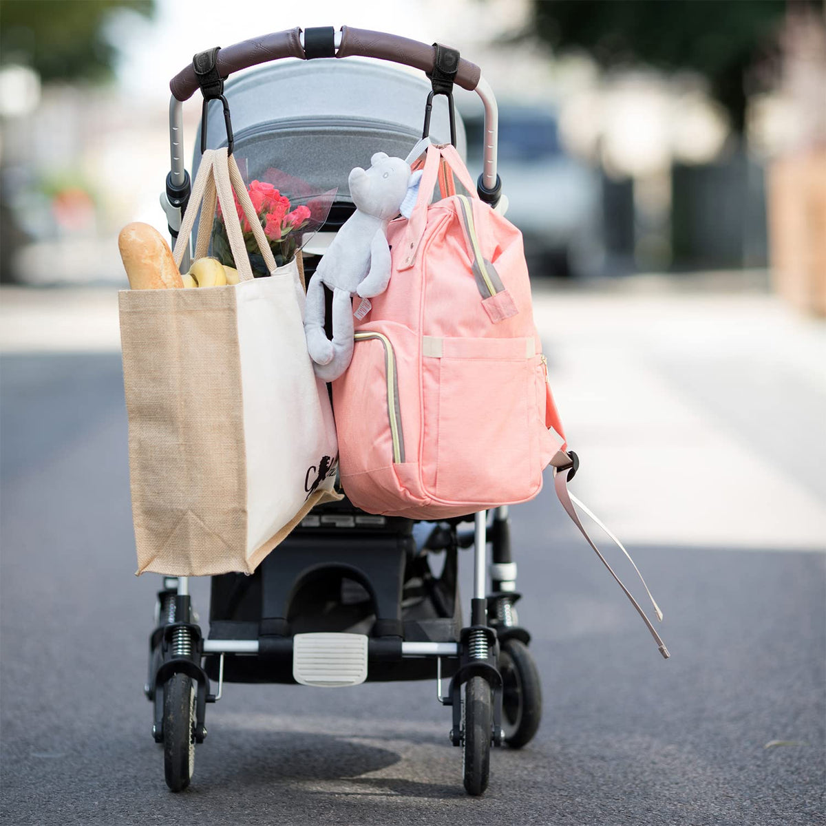 Stroller Caddy & Stroller Hooks - Universal Organizer Bag with XL Insulated Cup Holder, Phone Pocket, Wipes Dispenser, Wrist Bag & Mesh Pocket + 2 Carabiner Clips, Baby Travel Essential Kit