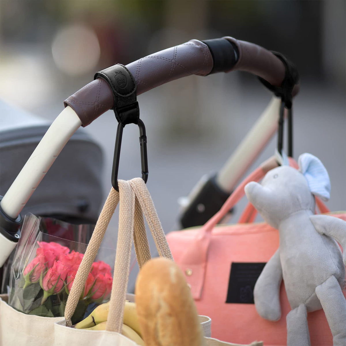 Stroller Caddy & Stroller Hooks - Universal Organizer Bag with XL Insulated Cup Holder, Phone Pocket, Wipes Dispenser, Wrist Bag & Mesh Pocket + 2 Carabiner Clips, Baby Travel Essential Kit