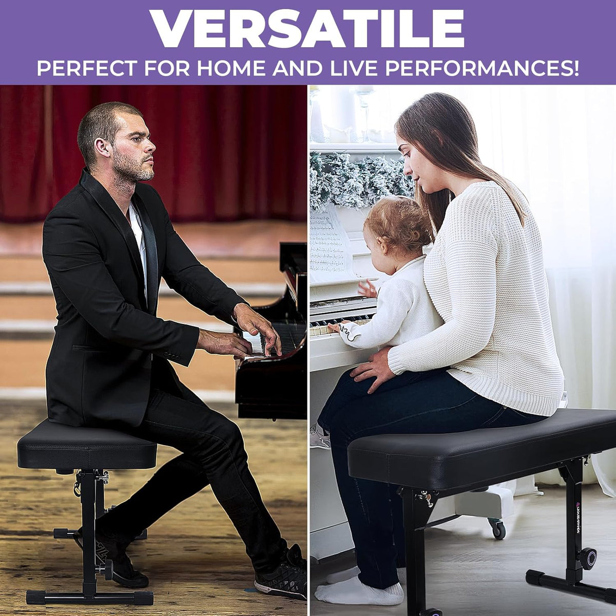 Foldable Dual Adjustable Piano Bench with Black Cushion