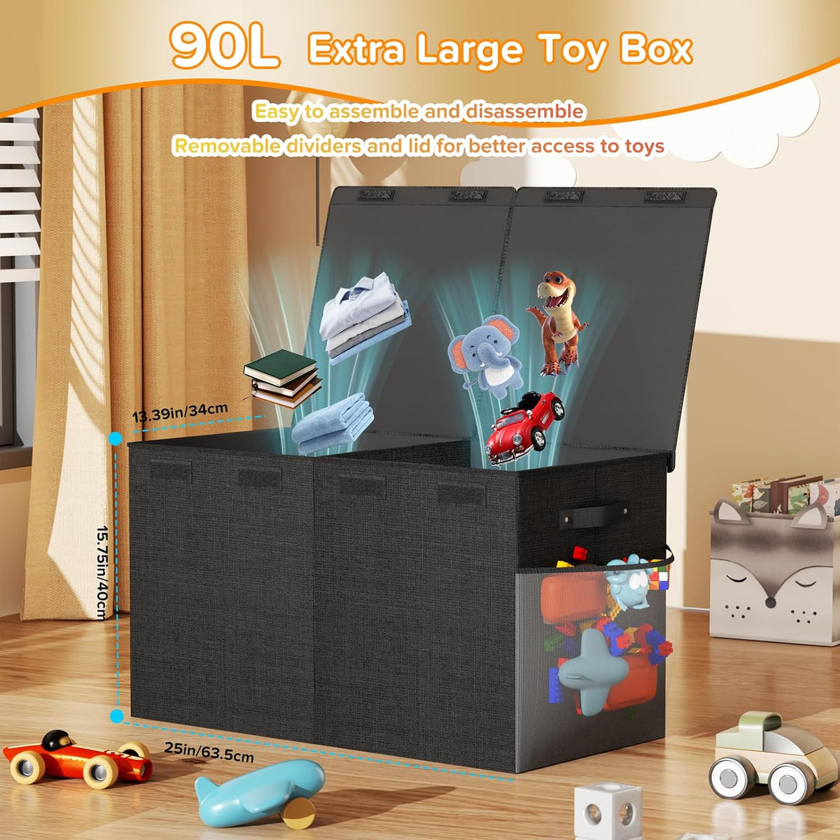 Large Toy Box Chest, Collapsible Sturdy Toy Storage Organizer Boxes Bins Baskets Dinosaur Kids Toy Chest Bin with Lids for Boys Girls Living Room Playroom Bedroom Nursery 25"x14"x16" Gray