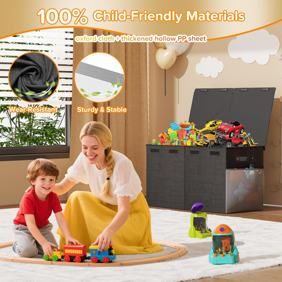 Large Toy Box Chest, Collapsible Sturdy Toy Storage Organizer Boxes Bins Baskets Dinosaur Kids Toy Chest Bin with Lids for Boys Girls Living Room Playroom Bedroom Nursery 25"x14"x16" Gray