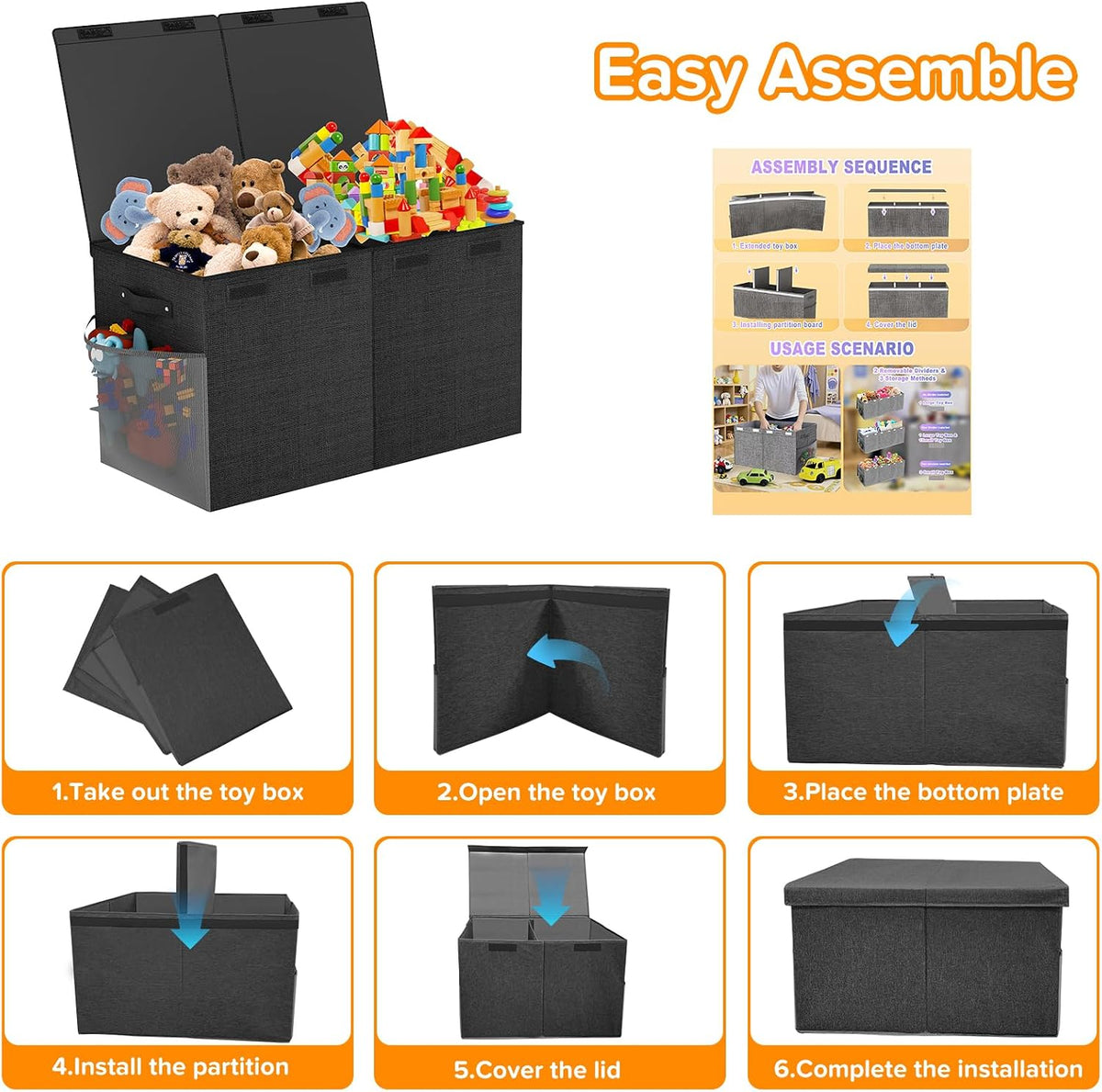 Large Toy Box Chest, Collapsible Sturdy Toy Storage Organizer Boxes Bins Baskets Dinosaur Kids Toy Chest Bin with Lids for Boys Girls Living Room Playroom Bedroom Nursery 25"x14"x16" Gray