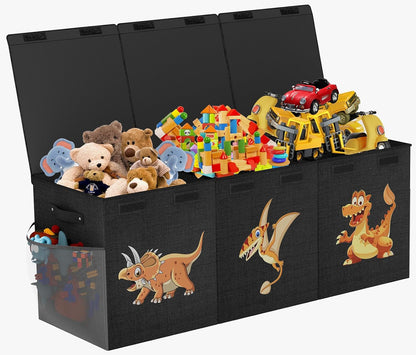 Large Toy Box Chest, Collapsible Sturdy Toy Storage Organizer Boxes Bins Baskets Dinosaur Kids Toy Chest Bin with Lids for Boys Girls Living Room Playroom Bedroom Nursery 25"x14"x16" Gray
