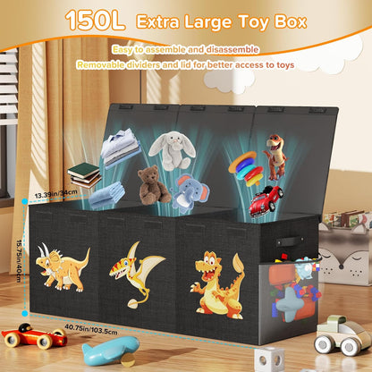 Large Toy Box Chest, Collapsible Sturdy Toy Storage Organizer Boxes Bins Baskets Dinosaur Kids Toy Chest Bin with Lids for Boys Girls Living Room Playroom Bedroom Nursery 25"x14"x16" Gray
