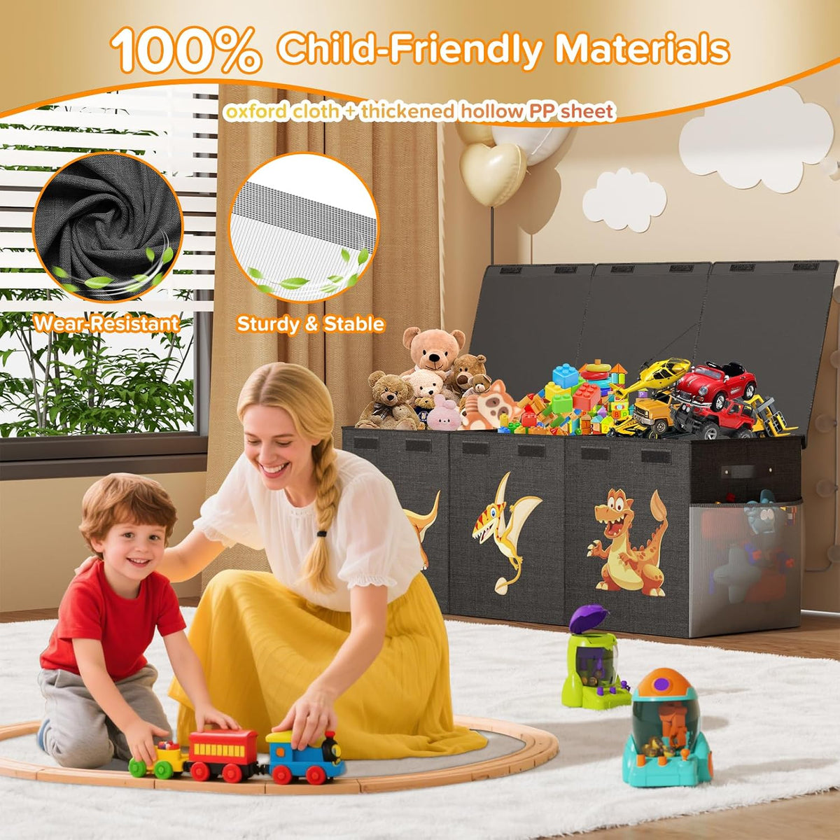 Large Toy Box Chest, Collapsible Sturdy Toy Storage Organizer Boxes Bins Baskets Dinosaur Kids Toy Chest Bin with Lids for Boys Girls Living Room Playroom Bedroom Nursery 25"x14"x16" Gray