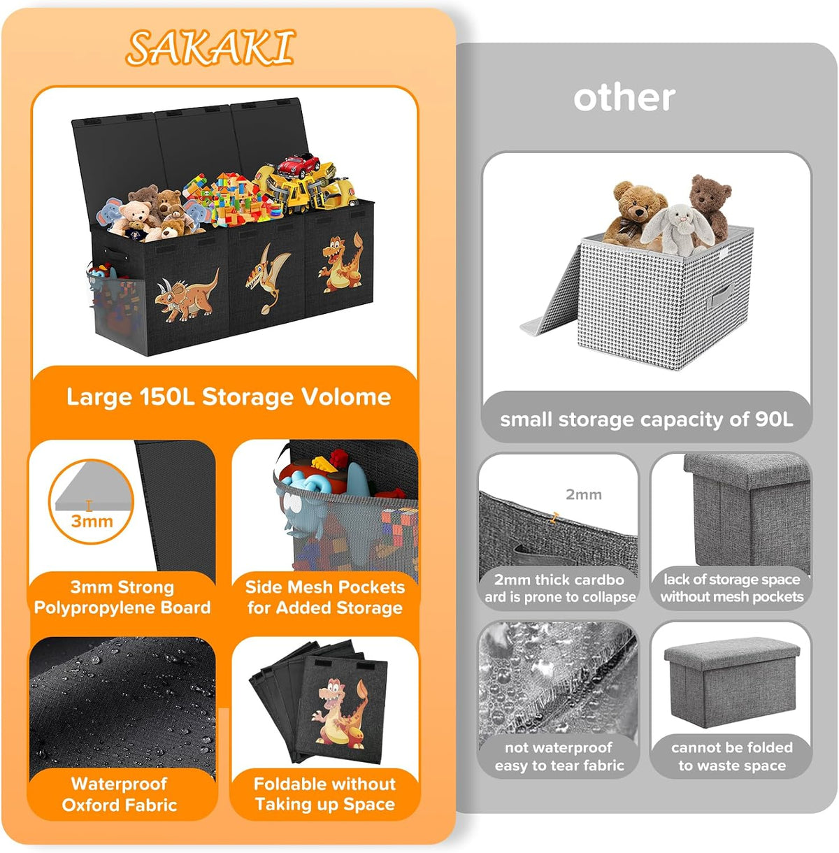 Large Toy Box Chest, Collapsible Sturdy Toy Storage Organizer Boxes Bins Baskets Dinosaur Kids Toy Chest Bin with Lids for Boys Girls Living Room Playroom Bedroom Nursery 25"x14"x16" Gray
