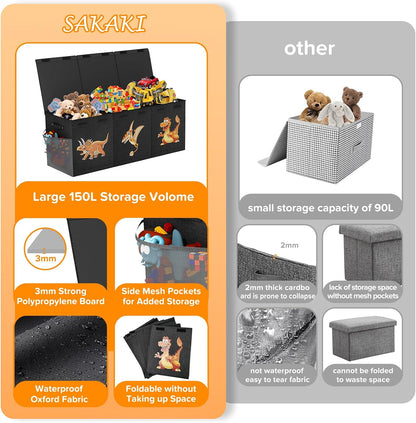 Large Toy Box Chest, Collapsible Sturdy Toy Storage Organizer Boxes Bins Baskets Dinosaur Kids Toy Chest Bin with Lids for Boys Girls Living Room Playroom Bedroom Nursery 25"x14"x16" Gray
