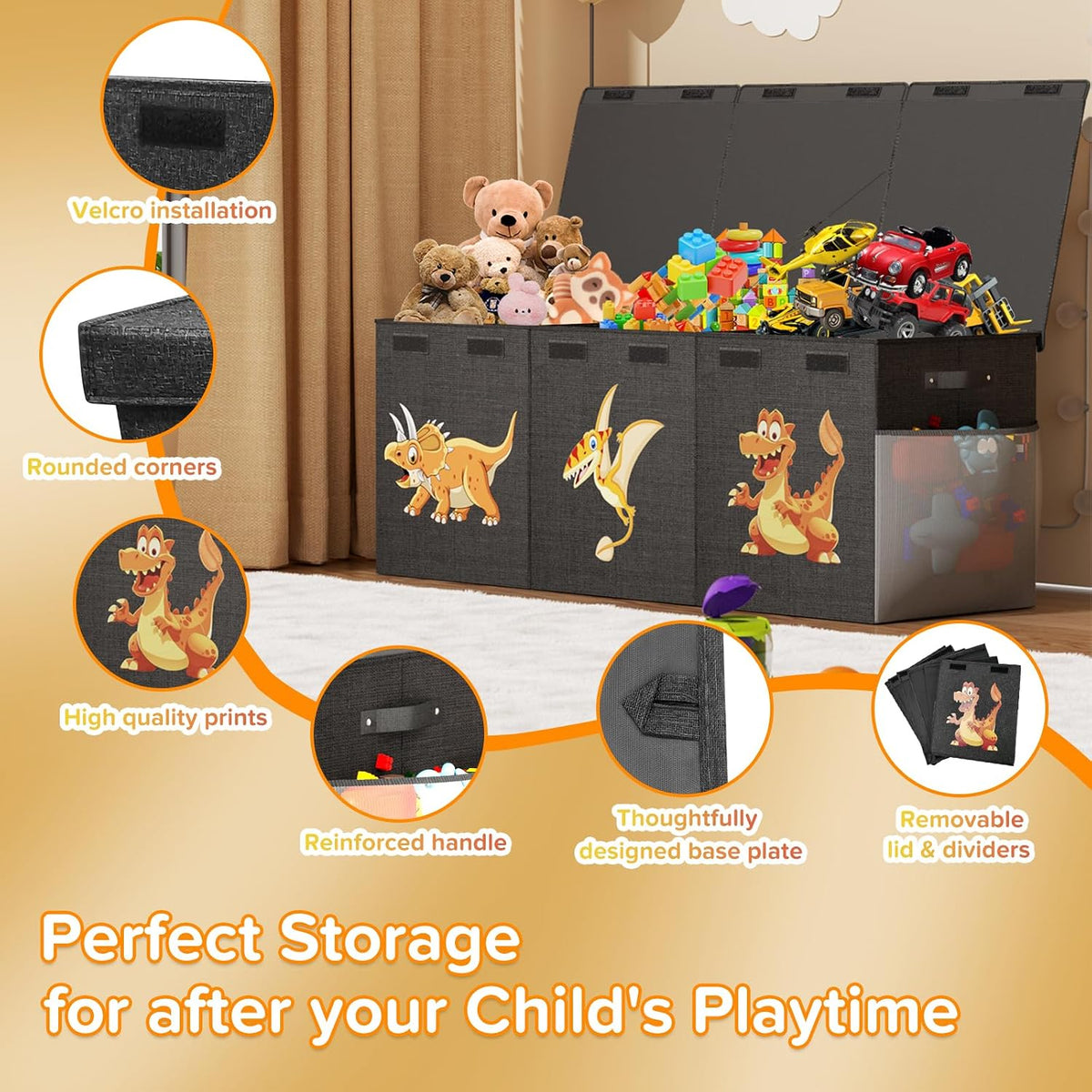 Large Toy Box Chest, Collapsible Sturdy Toy Storage Organizer Boxes Bins Baskets Dinosaur Kids Toy Chest Bin with Lids for Boys Girls Living Room Playroom Bedroom Nursery 25"x14"x16" Gray