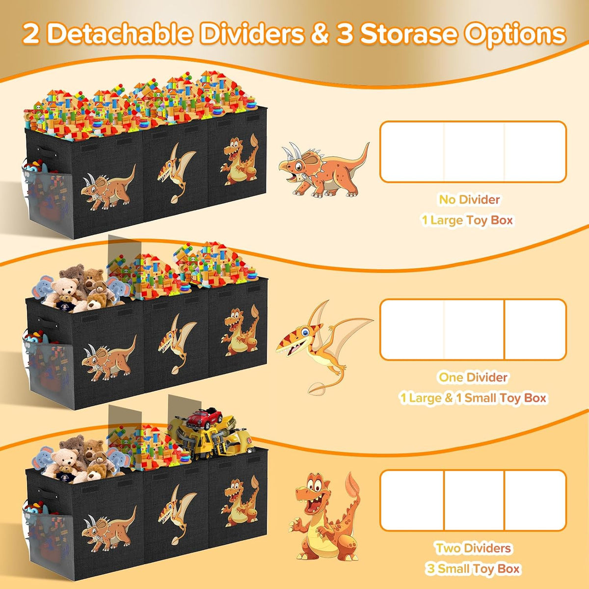 Large Toy Box Chest, Collapsible Sturdy Toy Storage Organizer Boxes Bins Baskets Dinosaur Kids Toy Chest Bin with Lids for Boys Girls Living Room Playroom Bedroom Nursery 25"x14"x16" Gray