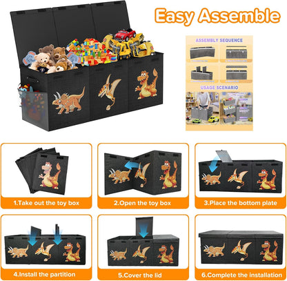 Large Toy Box Chest, Collapsible Sturdy Toy Storage Organizer Boxes Bins Baskets Dinosaur Kids Toy Chest Bin with Lids for Boys Girls Living Room Playroom Bedroom Nursery 25"x14"x16" Gray