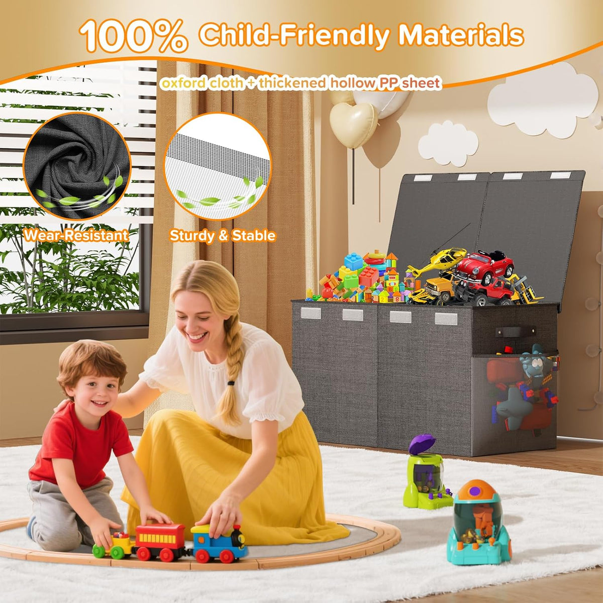 Large Toy Box Chest, Collapsible Sturdy Toy Storage Organizer Boxes Bins Baskets Dinosaur Kids Toy Chest Bin with Lids for Boys Girls Living Room Playroom Bedroom Nursery 25"x14"x16" Gray