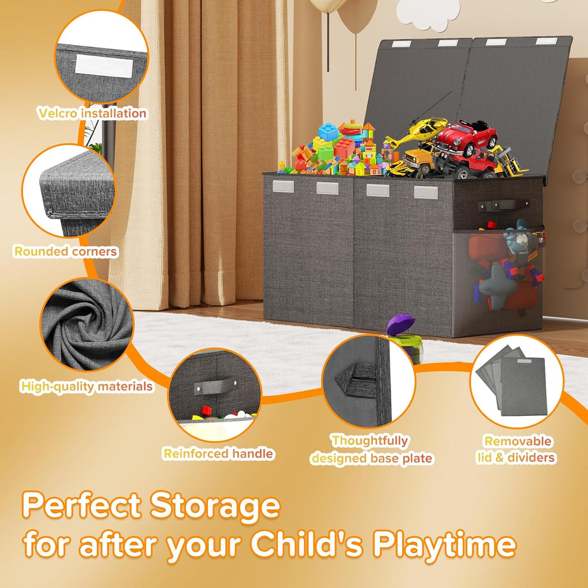 Large Toy Box Chest, Collapsible Sturdy Toy Storage Organizer Boxes Bins Baskets Dinosaur Kids Toy Chest Bin with Lids for Boys Girls Living Room Playroom Bedroom Nursery 25"x14"x16" Gray