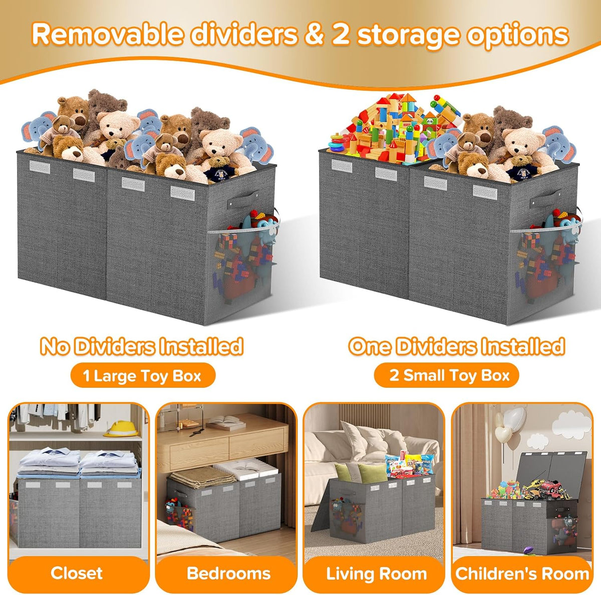 Large Toy Box Chest, Collapsible Sturdy Toy Storage Organizer Boxes Bins Baskets Dinosaur Kids Toy Chest Bin with Lids for Boys Girls Living Room Playroom Bedroom Nursery 25"x14"x16" Gray
