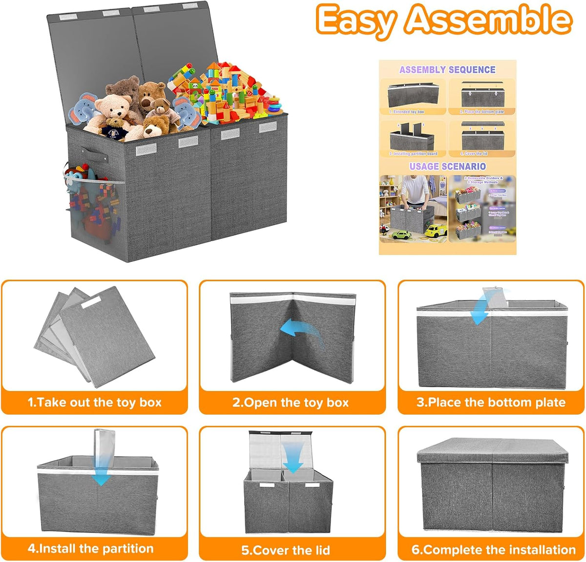 Large Toy Box Chest, Collapsible Sturdy Toy Storage Organizer Boxes Bins Baskets Dinosaur Kids Toy Chest Bin with Lids for Boys Girls Living Room Playroom Bedroom Nursery 25"x14"x16" Gray
