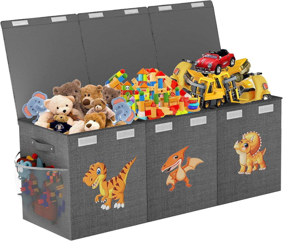 Large Toy Box Chest, Collapsible Sturdy Toy Storage Organizer Boxes Bins Baskets Dinosaur Kids Toy Chest Bin with Lids for Boys Girls Living Room Playroom Bedroom Nursery 25"x14"x16" Gray