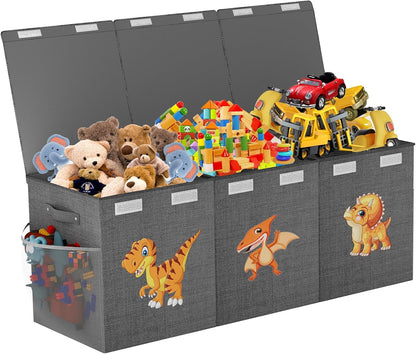 Large Toy Box Chest, Collapsible Sturdy Toy Storage Organizer Boxes Bins Baskets Dinosaur Kids Toy Chest Bin with Lids for Boys Girls Living Room Playroom Bedroom Nursery 25"x14"x16" Gray