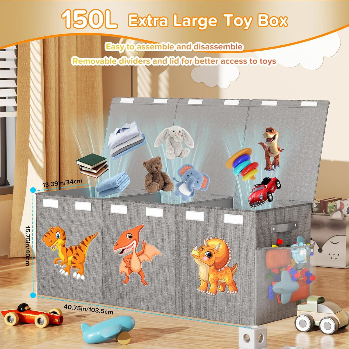 Large Toy Box Chest, Collapsible Sturdy Toy Storage Organizer Boxes Bins Baskets Dinosaur Kids Toy Chest Bin with Lids for Boys Girls Living Room Playroom Bedroom Nursery 25"x14"x16" Gray