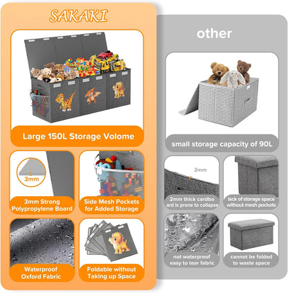 Large Toy Box Chest, Collapsible Sturdy Toy Storage Organizer Boxes Bins Baskets Dinosaur Kids Toy Chest Bin with Lids for Boys Girls Living Room Playroom Bedroom Nursery 25"x14"x16" Gray