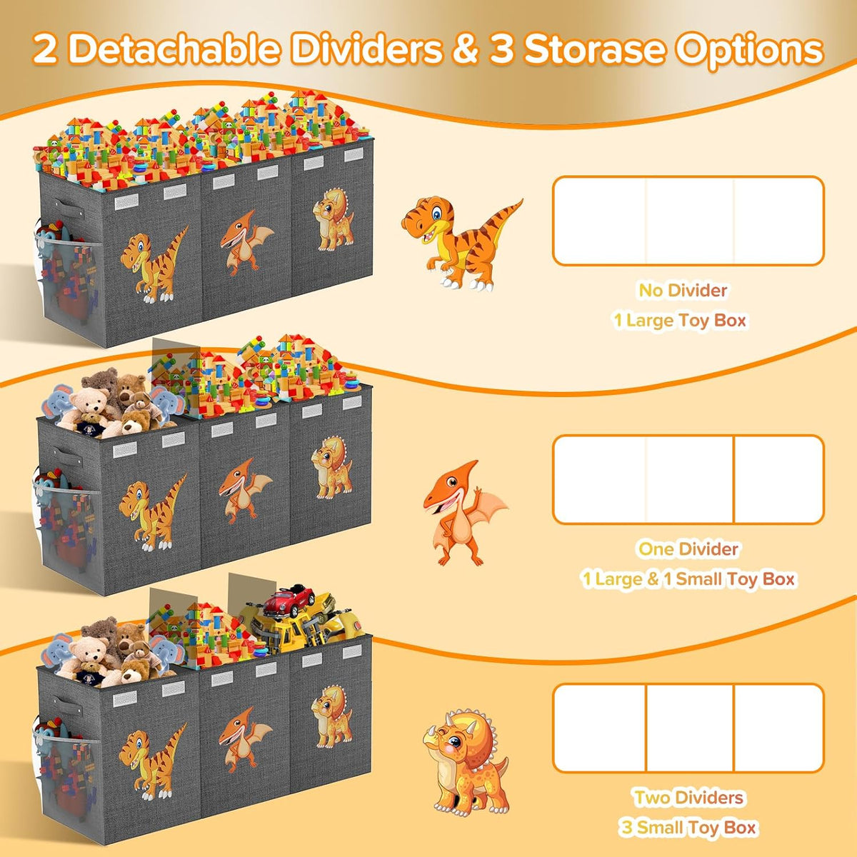 Large Toy Box Chest, Collapsible Sturdy Toy Storage Organizer Boxes Bins Baskets Dinosaur Kids Toy Chest Bin with Lids for Boys Girls Living Room Playroom Bedroom Nursery 25"x14"x16" Gray