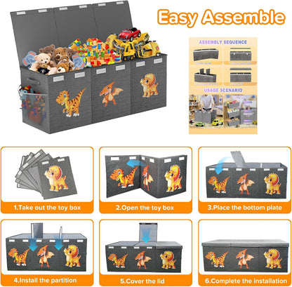 Large Toy Box Chest, Collapsible Sturdy Toy Storage Organizer Boxes Bins Baskets Dinosaur Kids Toy Chest Bin with Lids for Boys Girls Living Room Playroom Bedroom Nursery 25"x14"x16" Gray