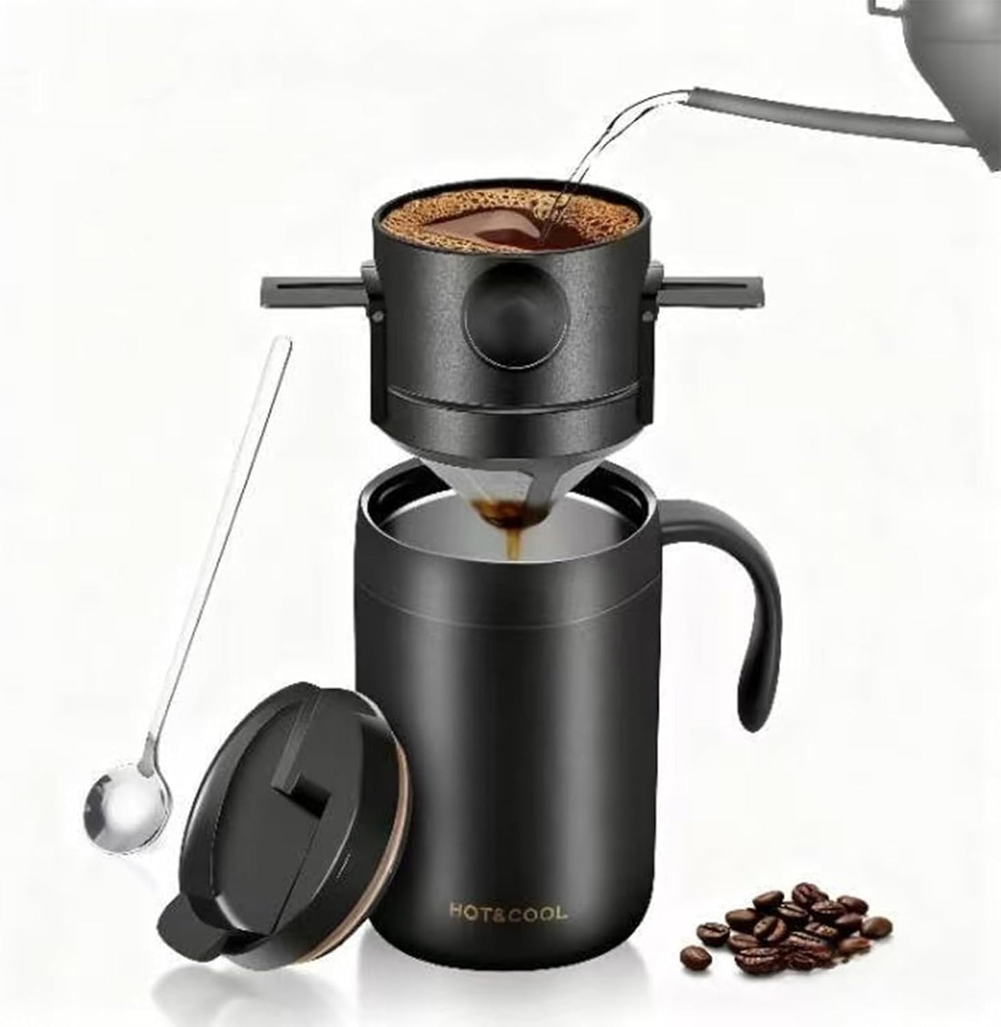 Portable 16oz Pour Over Coffee Maker with Foldable Filter & Stirrer – Insulated Stainless Steel Travel Cup with Lid – No Paper Filter Needed, BPA-Free, Black – For Home, Office, Camping, Backpacking