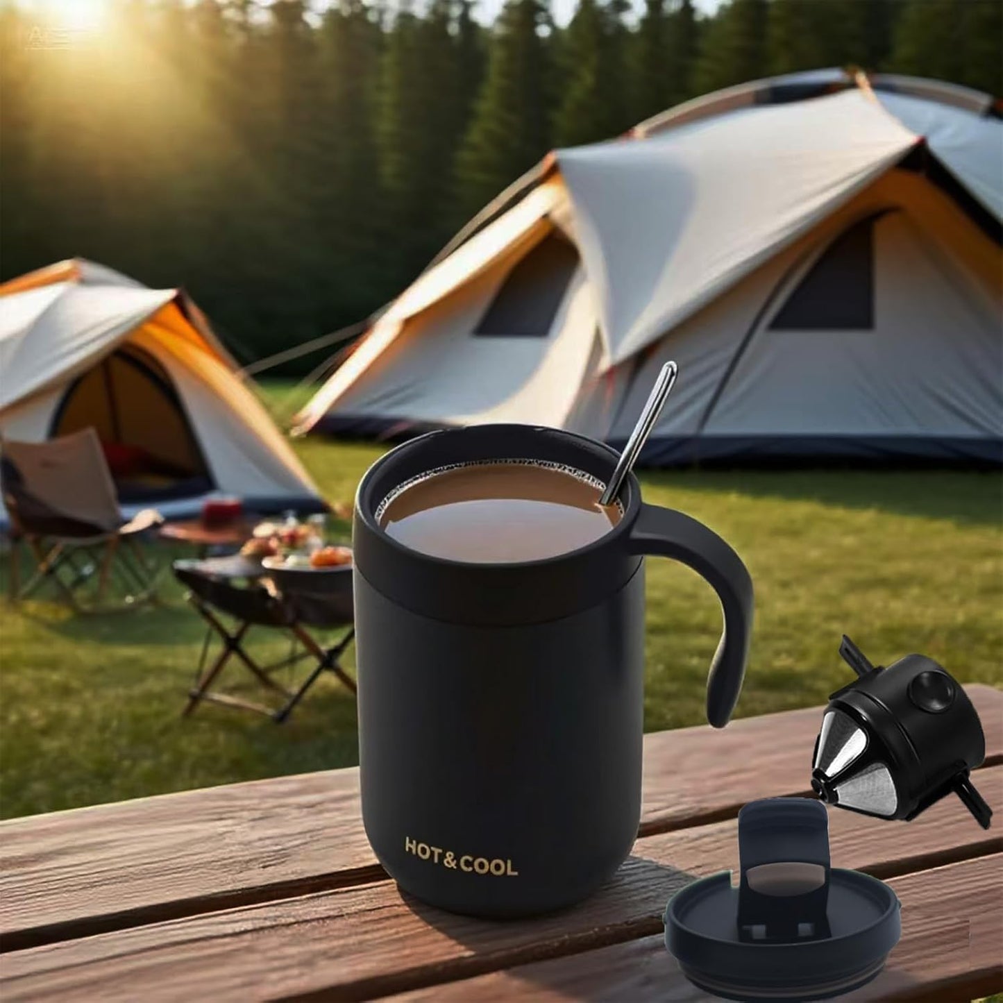 Portable 16oz Pour Over Coffee Maker with Foldable Filter & Stirrer – Insulated Stainless Steel Travel Cup with Lid – No Paper Filter Needed, BPA-Free, Black – For Home, Office, Camping, Backpacking