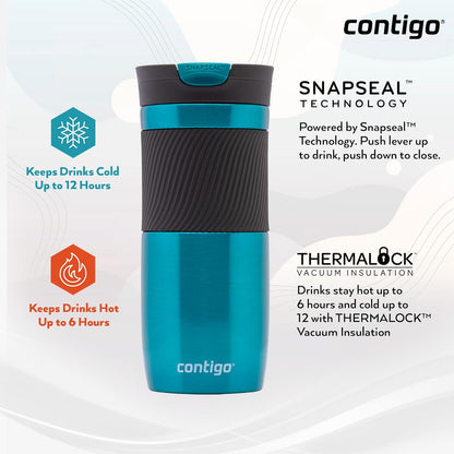 Byron Snapseal Travel Mug, Stainless Steel Thermal Mug, Vacuum Flask, Leakproof Tumbler, Coffee Mug with BPA Free Easy-Clean Lid, 470 ml, Matte Black