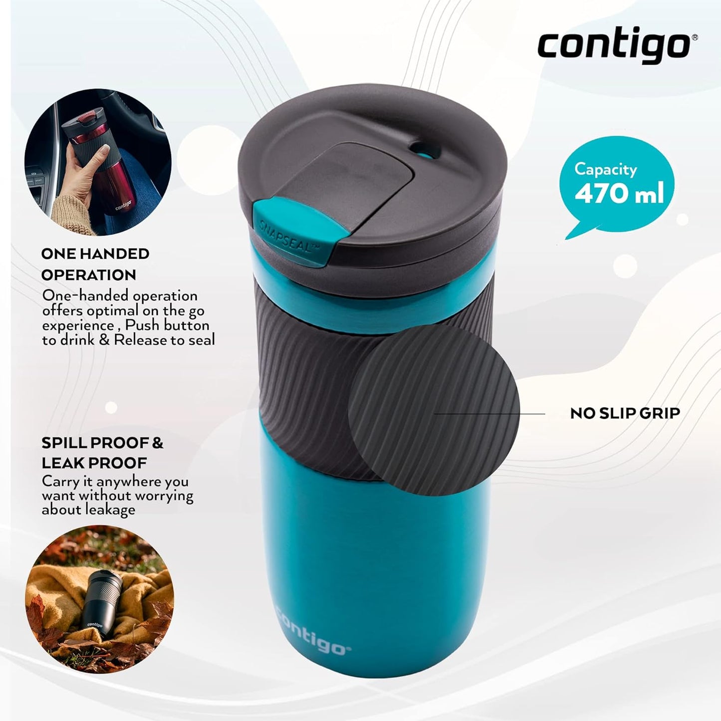 Byron Snapseal Travel Mug, Stainless Steel Thermal Mug, Vacuum Flask, Leakproof Tumbler, Coffee Mug with BPA Free Easy-Clean Lid, 470 ml, Matte Black