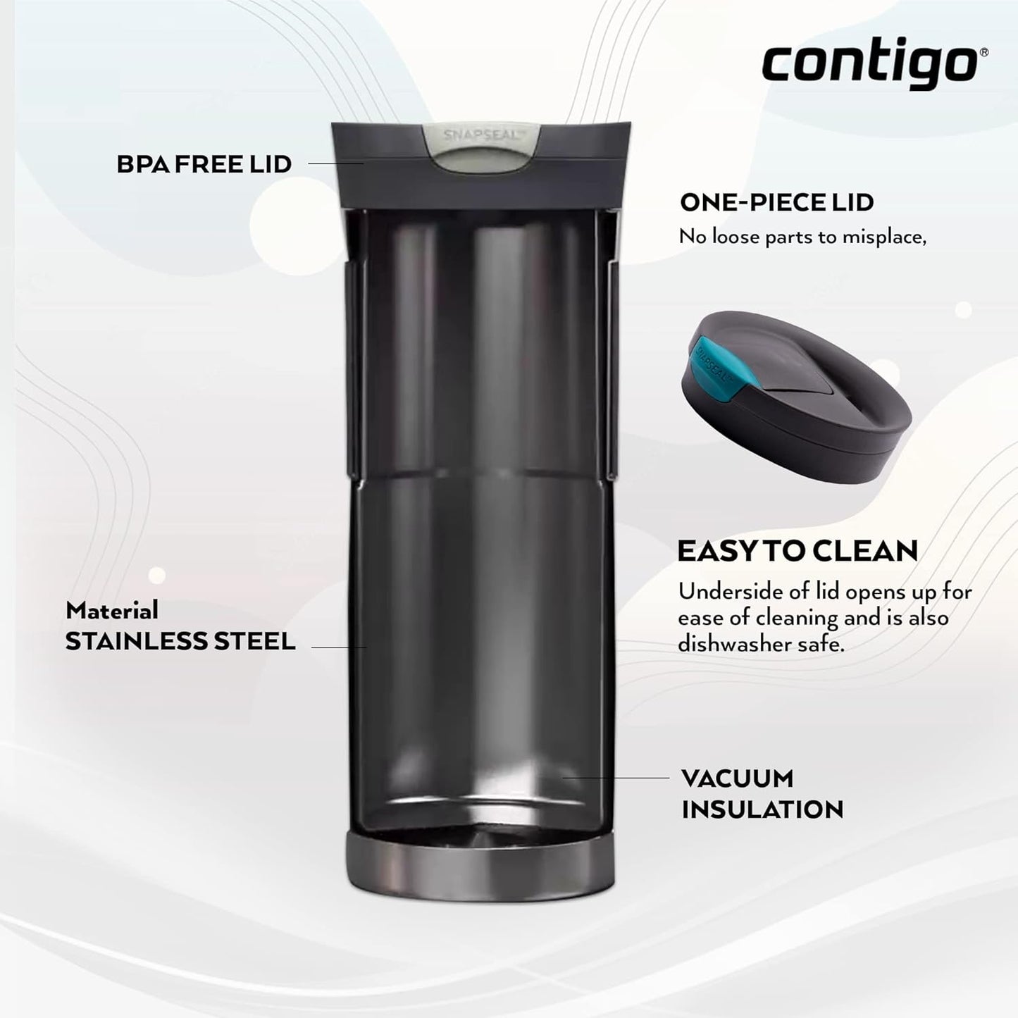Byron Snapseal Travel Mug, Stainless Steel Thermal Mug, Vacuum Flask, Leakproof Tumbler, Coffee Mug with BPA Free Easy-Clean Lid, 470 ml, Matte Black