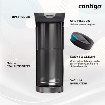 Byron Snapseal Travel Mug, Stainless Steel Thermal Mug, Vacuum Flask, Leakproof Tumbler, Coffee Mug with BPA Free Easy-Clean Lid, 470 ml, Matte Black