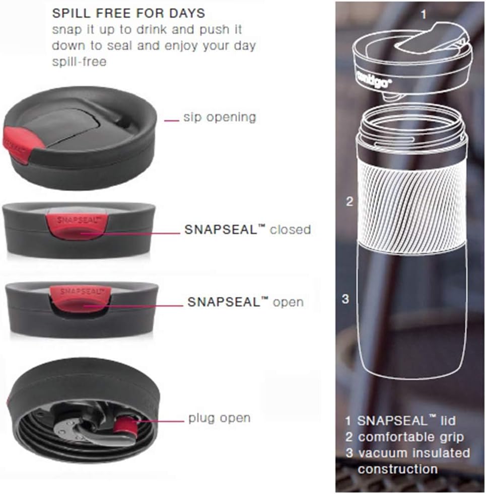 Byron Snapseal Travel Mug, Stainless Steel Thermal Mug, Vacuum Flask, Leakproof Tumbler, Coffee Mug with BPA Free Easy-Clean Lid, 470 ml, Matte Black