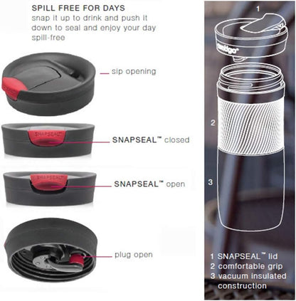 Byron Snapseal Travel Mug, Stainless Steel Thermal Mug, Vacuum Flask, Leakproof Tumbler, Coffee Mug with BPA Free Easy-Clean Lid, 470 ml, Matte Black