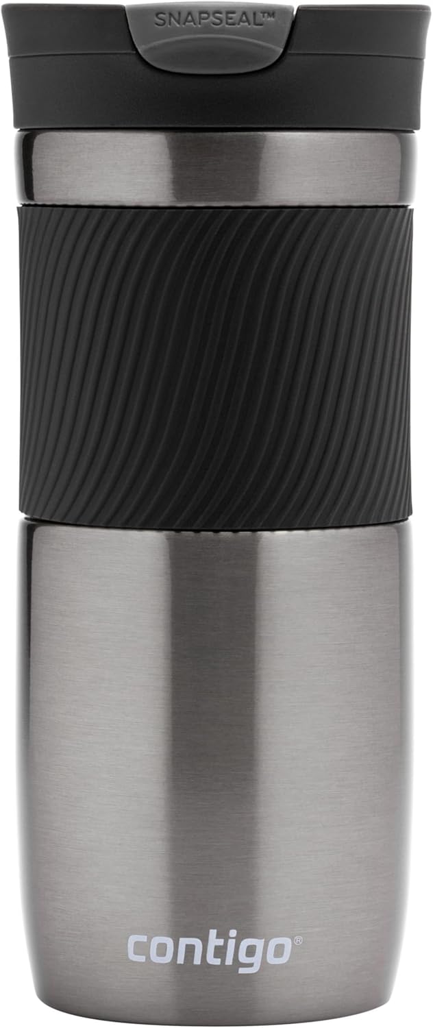 Byron Snapseal Travel Mug, Stainless Steel Thermal Mug, Vacuum Flask, Leakproof Tumbler, Coffee Mug with BPA Free Easy-Clean Lid, 470 ml, Matte Black