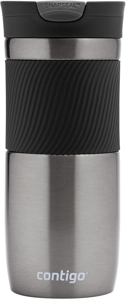 Byron Snapseal Travel Mug, Stainless Steel Thermal Mug, Vacuum Flask, Leakproof Tumbler, Coffee Mug with BPA Free Easy-Clean Lid, 470 ml, Matte Black