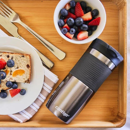 Byron Snapseal Travel Mug, Stainless Steel Thermal Mug, Vacuum Flask, Leakproof Tumbler, Coffee Mug with BPA Free Easy-Clean Lid, 470 ml, Matte Black