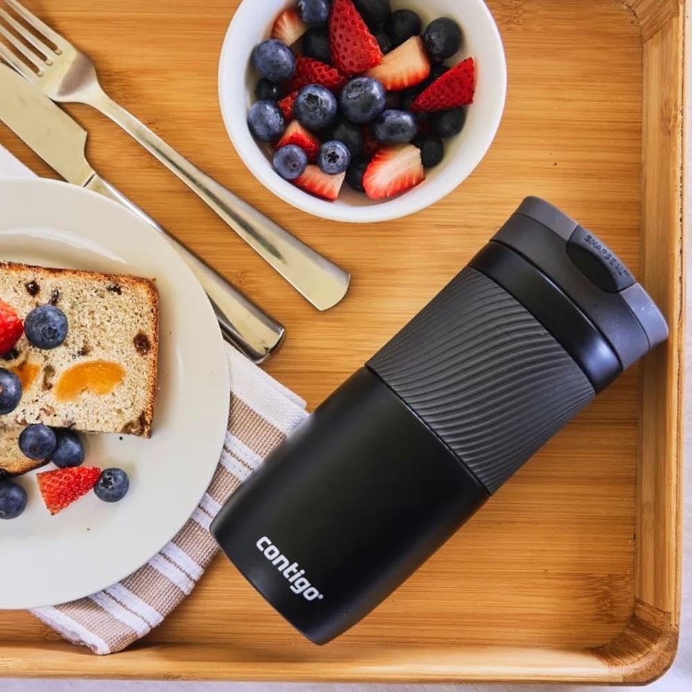 Byron Snapseal Travel Mug, Stainless Steel Thermal Mug, Vacuum Flask, Leakproof Tumbler, Coffee Mug with BPA Free Easy-Clean Lid, 470 ml, Matte Black
