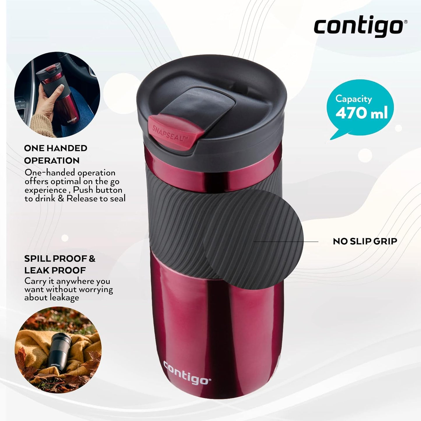 Byron Snapseal Travel Mug, Stainless Steel Thermal Mug, Vacuum Flask, Leakproof Tumbler, Coffee Mug with BPA Free Easy-Clean Lid, 470 ml, Matte Black